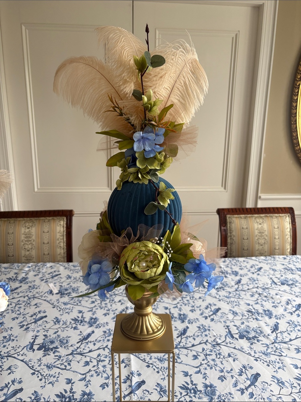 Blue and Green Floral Feather Centerpiece